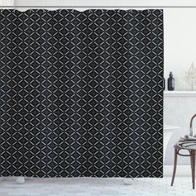 Zdjęcie produktu dla ABAKUHAUS Wiktoriańska zasłona prysznicowa, kompozycja z królewskimi kwiatowymi kafelkami, inspirowana naturą, styl retro, 175 x 200 cm, czarna i szara