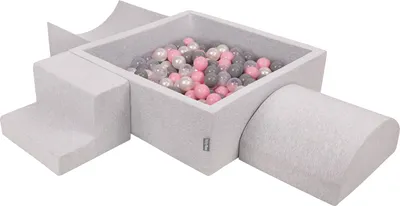 Zdjęcie produktu dla KiddyMoon piankowy plac zabaw ppzp-kw30d-134 z piłeczkami jasnoszary: perła-szary-transparent-pudrowy róż basen 200/rampa l/półwałek l/schodek zabawka plac zabaw