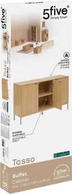The image shows the packaging of a buffet cabinet, with a product illustration and details.