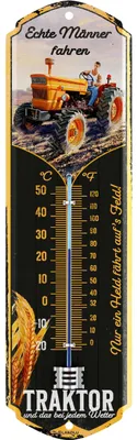 Produktbild von LANOLU Retro Blechschild ECHTE MÄNNER FAHREN TRAKTOR Thermometer - lustiges Werkstatt-Schild für Männer Traktorfahrer Metallschild 8x28cm