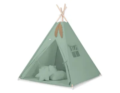 Produktbild von Tipi-Zelt für Kinder + Matte + Kissen + Federanhänger - Salbei