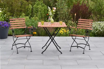 Produktbild von Merxx Gartenmöbelset "Schlossgarten" 3tlg. mit Klapptisch 75 x 75 cm - Flachstahl mit Eukalyptusholzbelattung
