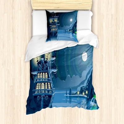 Produktbild von ABAKUHAUS Nautisch Mantele, Cartoon-Piraten-Schiffs-Mond, Milbensicher Allergiker geeignet mit Kissenbezügen, 135 cm x 200 cm - 80 x 80 cm, Blau