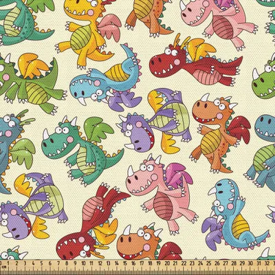 Produktbild von ABAKUHAUS Drachen Gewebe als Meterware, Karikatur-Feuer-Drachen alberne Ausdrücke bunte Fliegen-Fantasie-Märchen-Charaktere, 3 M (148 x 300 cm), Mehrfarbig