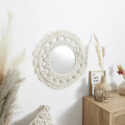 Obrázek produktu pro NÁSTĚNNÉ ZRCADLO Macrama 55 cm, béžové, PROSLÁNÉ, kulaté
