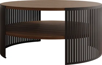 A round coffee table with two shelves and a slatted base.
