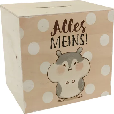 Produktbild von Hamster Spardose aus Holz mit Spruch Alles meins