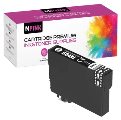 A black ink cartridge is shown in front of its packaging box.
