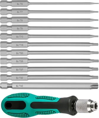 Imagen del producto de Juego de destornilladores Torx de 12 piezas, de 100 mm de longitud, con puntas T6-T40, con imán, para uso en el taller