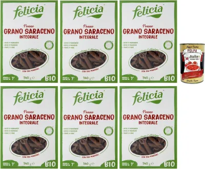 Produktbild von Felicia Penne di Grano Saraceno Integrale,Pasta mit 100% Buchweizen, Natürlich Glutenfrei,Packung mit 6x 340g + Italian Gourmet Polpa di Pomodoro 400g Dose