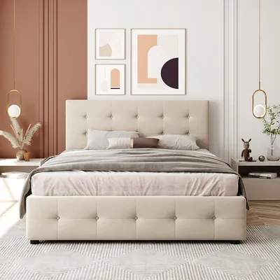 A bedroom scene with a bed as the main focus, decorated with abstract art and pendant lights.