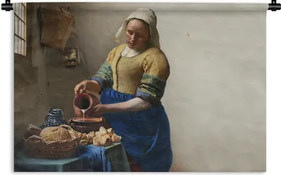 Produktbild von MuchoWow® Wandteppich Wandbehang Das Milchmädchen - Kunst - Alte Meister - Vermeer 120x80 cm Tapisserie Dekoration Wandtuch - Wanddekorationen - Wandtücher