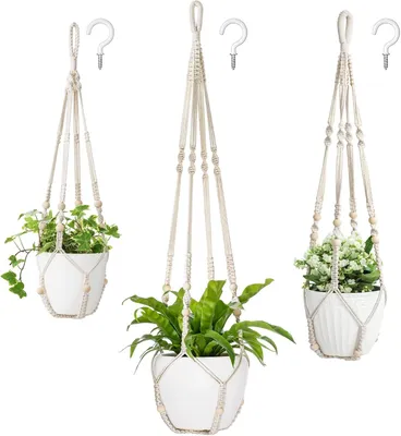 Image de Lot de 3 supports pour plantes en macramé, en coton blanc, de 73 cm à 109 cm, pour intérieur