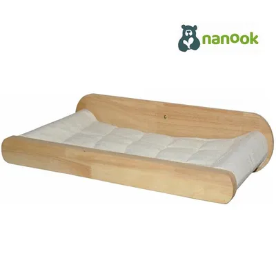 A wooden wall-mounted cat bed with a white cushion.