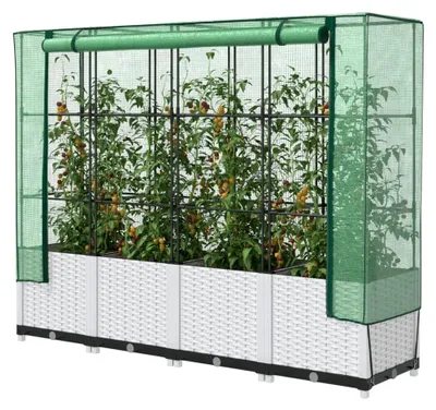 Produktbild von Haus & Garten, Rasen & Garten, Gartenarbeit, Töpfe & Pflanzgefäße, Hochbeet mit Gewächshausabdeckung, Rattan-Optik, 160 x 40 x 138 cm