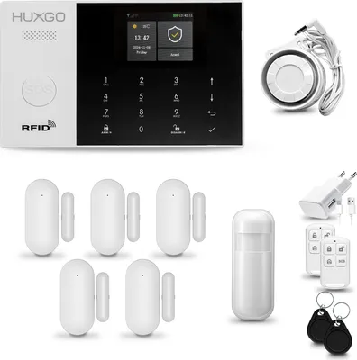 Produktbild von HUXGO HXA005 Alarmanlage Haus WiFi + GSM 2G mit Sirene Alarm System mit Bewegungssensor und 5x Tür- Fenstersensor, Alarmanlage für Wohnung, Haus, Garage, Tuya Smartlife App