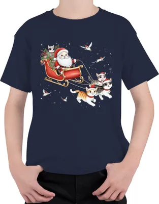 Produktbild von Santa Claus Schlitten Katzen Kätzchen - Weihnachten Weihnachtsgeschenk Christmas Uni Kinder T-Shirt, Navy, 128