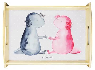 Produktbild von Mr. & Mrs. Panda Serviertablett Axolotl Liebe - Grau Pastell - Geschenk, Valentinstag, Lurch, Deko Tablett, aus holz, Sofa