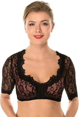Produktbild von Trachten Damen Dirndlbluse Spitze - Dirndlbluse Kurzarm  Dirndlblusen Halbarm Tracht Bluse - M（Schwarz）