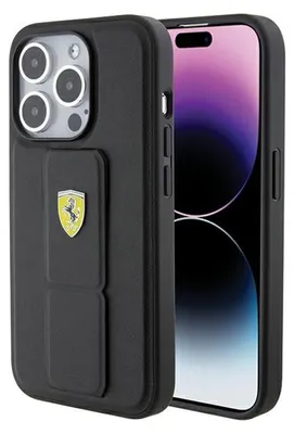 Produktbild von Ferrari Grip Stand Metalllogo - iPhone 15 Pro Hülle (Schwarz)