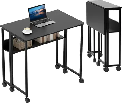 Obrázek produktu pro Skládací stolek – malý psací stolek – 63 x 50 cm – úsporný design – kovová konstrukce s dřevěnou deskou – vhodný do domácí kanceláře i do kanceláře – černý