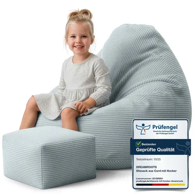 Obrázek produktu pro Dreamroots Pytel na fazole 70x70x70 cm sedací vak dětský s opěradlem a stoličkou a potahem sedací polštář podlahový chladicí pytel s výplní, Green Lily