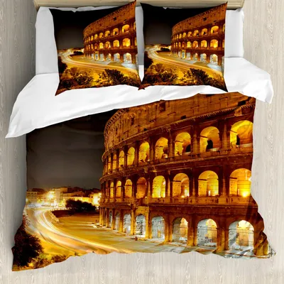 Produktbild von ABAKUHAUS Italien Bettbezug Set, Colosseum in der Nacht-Landschafts-Rom-europäischen Stadt-Erbmonument-Landschaft, 200 x 200 cm + 80 x 80 cm, Bernstein Marigold Schwarz