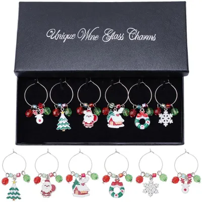 6er-Set Weihnachts-Wein-Anhänger, bunt, Metall, 14–25 mm