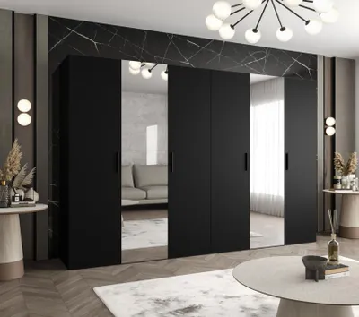 Obrázek produktu pro Šatní skříň se zrcadly HELMA 2 300 cm - černá / černé úchyty