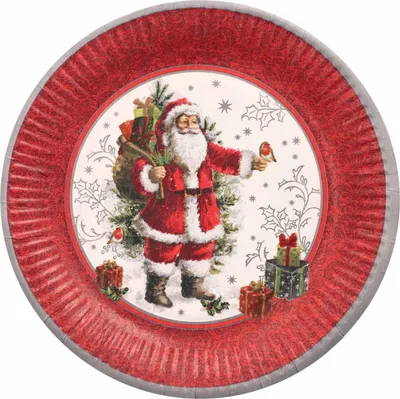 Produktbild von 100x Pappteller rund Ø 23 cm mit Motiv "Santa & Geschenke" bordeaux/rot