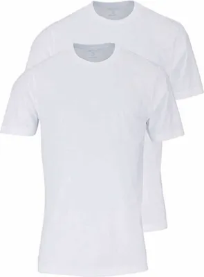 Two white t-shirts are stacked on top of each other against a white background.