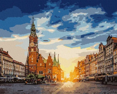 A painting of a town square with a clock tower and buildings, illuminated by the setting sun.
