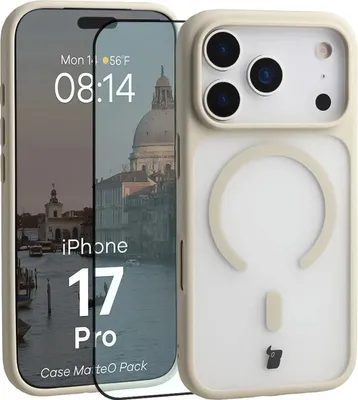 Produktbild von Schutzhülle mit Magnetring + gehärtetem Glas für iPhone 17 Pro, Bizon MatteO Pack, Getönt-Beige