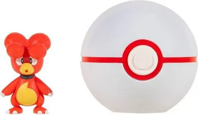 A small red and yellow Pokemon figure and a white and red Pokemon ball are shown side-by-side on a white background.
