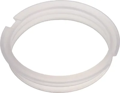 A close-up product shot of a white circular gasket or ring with multiple ridges and a small cut-out section.