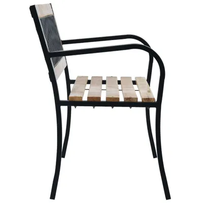 A side view of a black metal and wood garden bench.