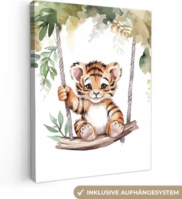 Produktbild von MuchoWow® - Leinwandbilder - Tiger - Tier - Kinder - Dschungel, Wandbild, Wanddeko Bilder Wohnzimmer, 90x120 cm