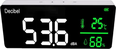 Zdjęcie produktu dla Miernik poziomu dźwięku Wiszący na ścianie 30-130dB 11-calowy ekran LED Miernik hałasu, temperatury i wilgotności z wyświetlaczem czasu dla fabryki Home Studio