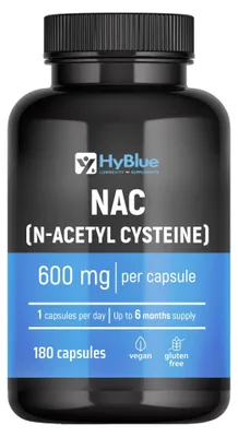 Immagine prodotto di HyBlue Nac N-Acetil-Cisteina Pura, 180 Cps, 600mg | Integratore Acetilcisteina 600 mg, Alta Biodisponibilità | Antiossidante, Detox & Longevità | Senza Glutine Ne Lattosio, 100% Vegano | Fino 6 Mesi
