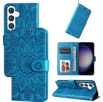 Produktbild von Mobigear Sonnenblumen-Handyhülle für Samsung Galaxy S24, Klapphülle mit Geldbörsenfunktion - Blau