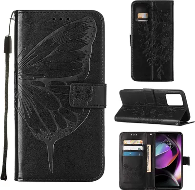 Produktbild von Lederhülle für Motorola Moto G (2023) Schmetterling Prägung Flip Ledertasche Kartenfächer Handyhülle mit Ständer Schwarz