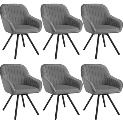 Six gray upholstered chairs with black legs arranged in two rows of three.