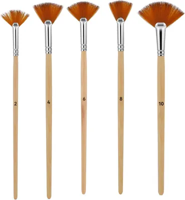 Productafbeelding van Waaierkwasten voor acryl- en olieverf - Set van 5 - Houten handvat - Nylon borstelharen - Aquarel en creatieve hobby's