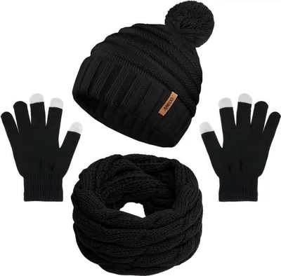 Produktbild von 3-teiliges Winter-Strickmütze, Halswärmer, Touchscreen-Handschuhe Set, weiches Stretch-Mützen-Schal- und Handschuh-Set, Schwarz
