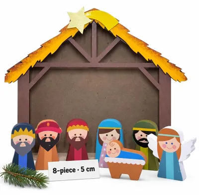 Productafbeelding van Kerststalfiguren - Handbeschilderd hout - Set van 8 - 5 cm