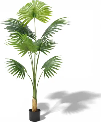 Produktbild von Künstliche Fächerpalme 160 cm – Große Kunstpalme mit 7 Palmenwedeln – Pflegeleichte Dekopflanze aus Kunststoff – Realistische Zimmerpflanze im Topf für Wohnzimmer & Büro