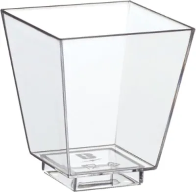 A clear, empty, square-shaped plastic cup.