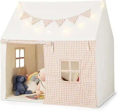Imagen del producto de Tienda infantil Silecomplaza para interiores, con alfombra, luces y banderines, casa de juegos para niños, apta para interiores y exteriores, tipi, tienda de juegos para niñas y niños a partir de 3 años, ideal para habitaciones infantiles y zonas de juegos