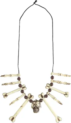 A Halloween necklace with bone and skull elements.