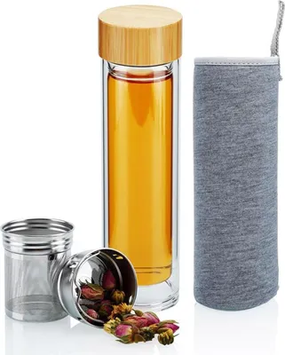 Produktbild von Intirilife Teeflasche aus Glas mit Edelstahl Sieb- 400 ml doppelwandige Thermo Flasche aus Borosilikatglas mit Neopren Hülle- Tee Trinkflasche to go, Thermoskanne mit  Infuser Filter, Bambus Deckel